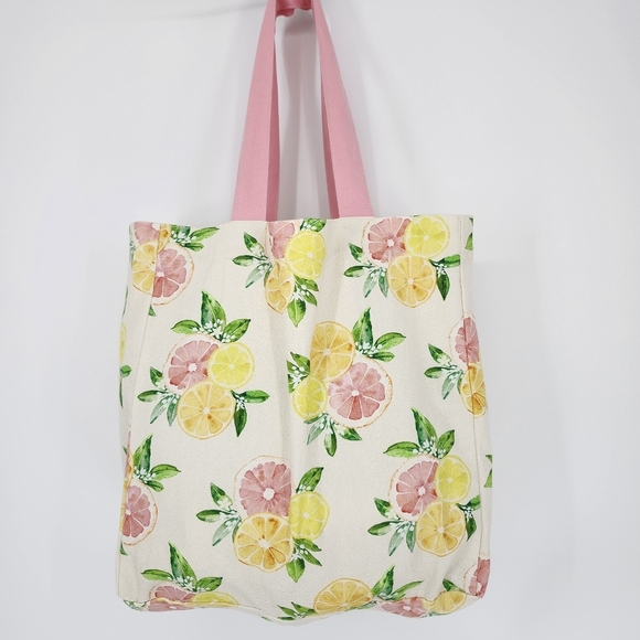 Cotton Canvas Citrus Tote Bag Pink Yellow Lemon Tassel Preppy Spring Summer - Picture 5 of 8